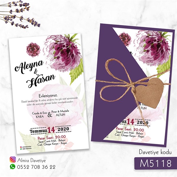 Üçgen Zarflı Mor Davetiye | m5118 |